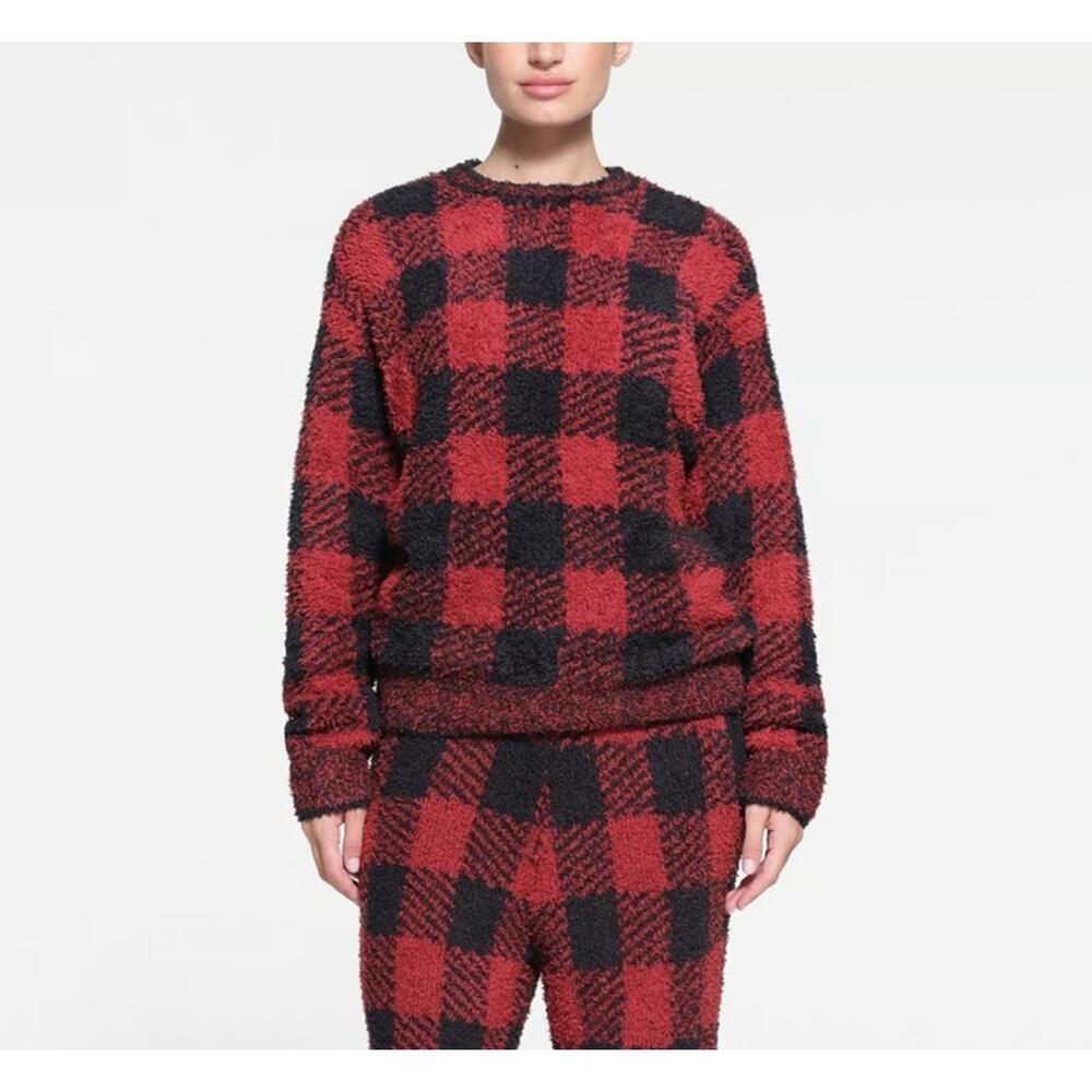 NWT Skims Brick Red/Black Buffalo Plaid Cozy Knit Unisex Pullover S/M